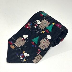 Peanuts Snoopy Christmas Tie Mens OS Black Silk Doghouse Holiday Xmas Novelty